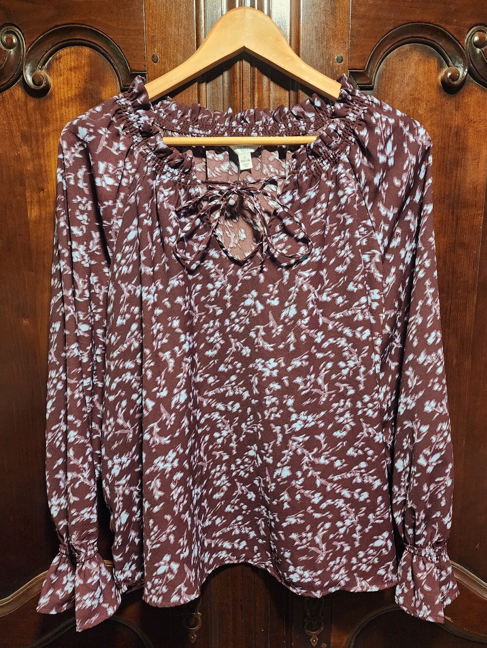 TIME AND TRU - Dark Tyrian Purple & Blue Floral Blouse